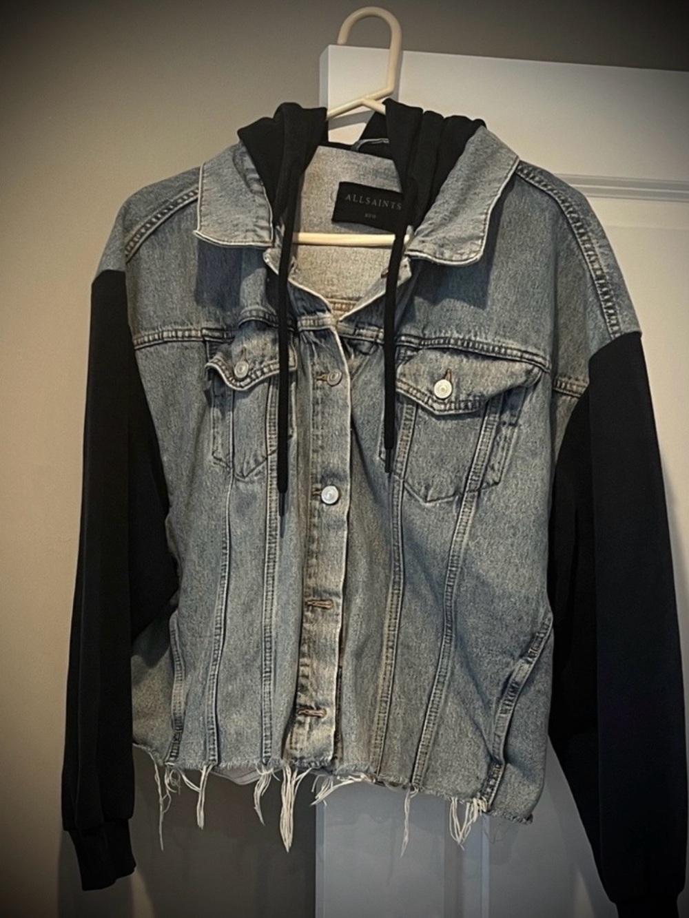 All Saints Two-Tone Hooded Denim Jacket in Light Gray and Black